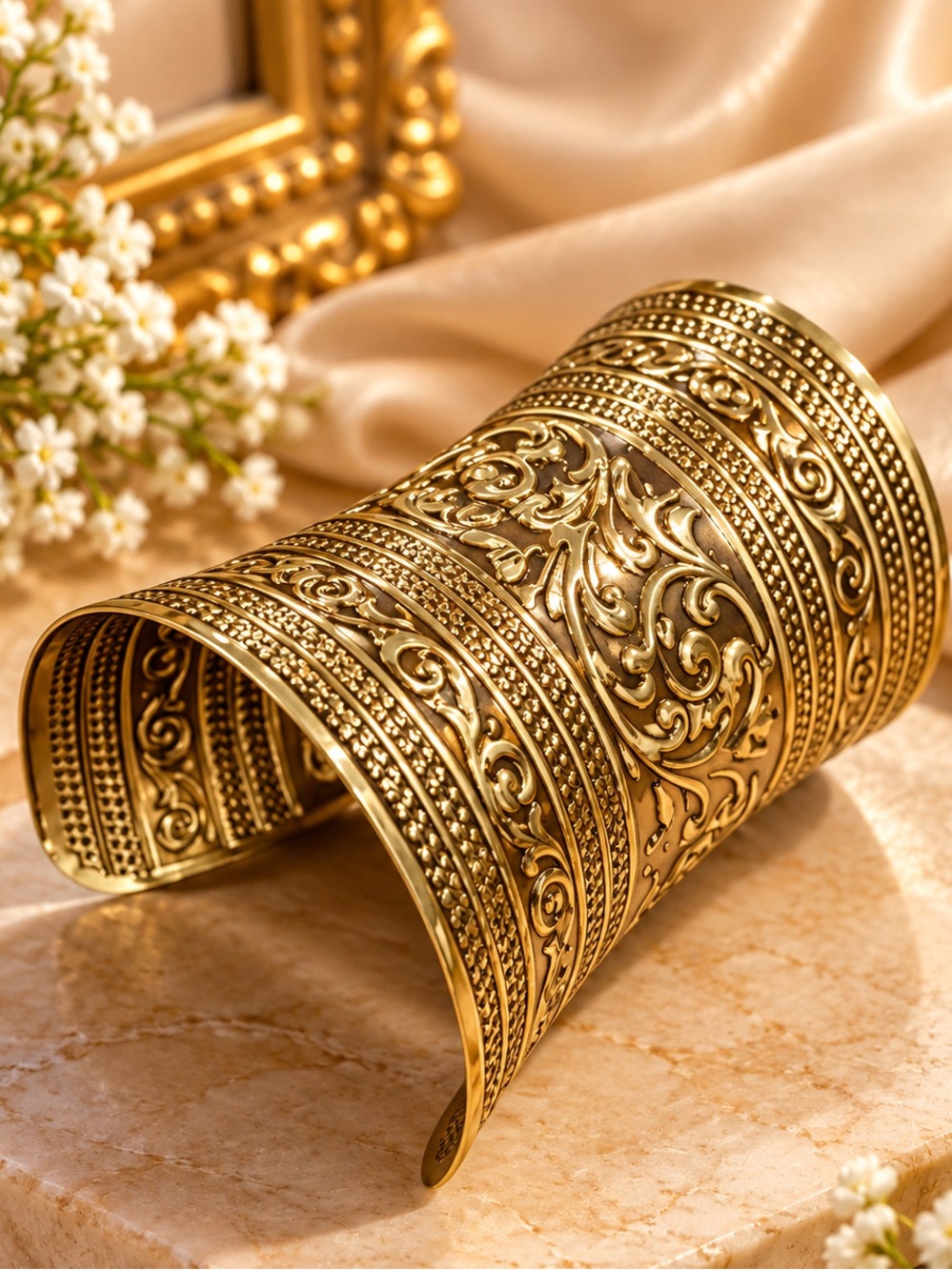 Antique Gold Wide Cuff Bracelet | Ornate Boho Statement Bracelet
